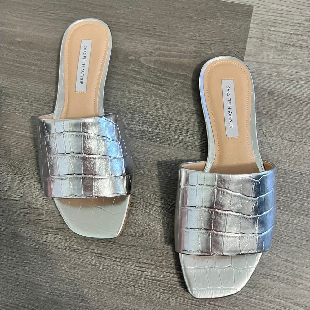 Saks Fifth Avenue Silver Croc-Embossed Slide Sandals